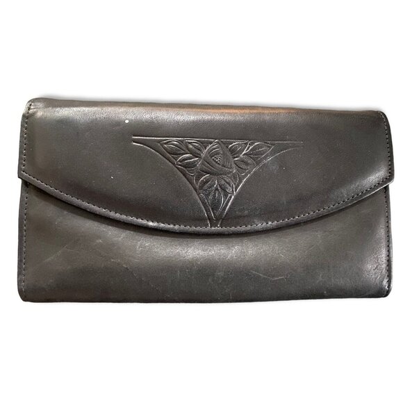 Vintage Rolfs Black Leather Wallet Checkbook Clutch With Kisslock 1980's - Picture 1 of 5
